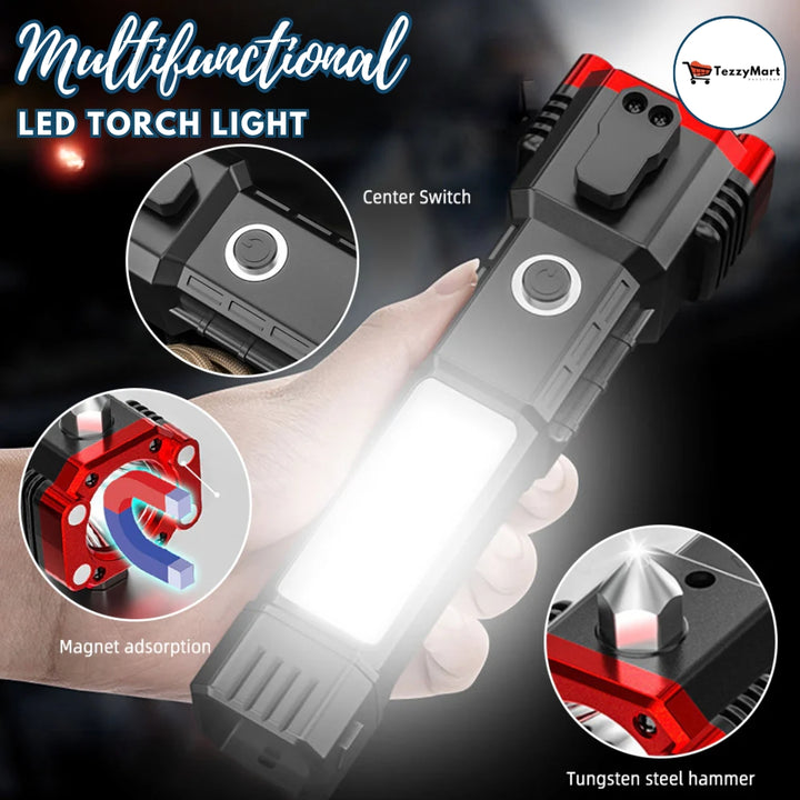 High Power LED Torch Light – Rechargeable Tactical Flashlight with Safety Hammer